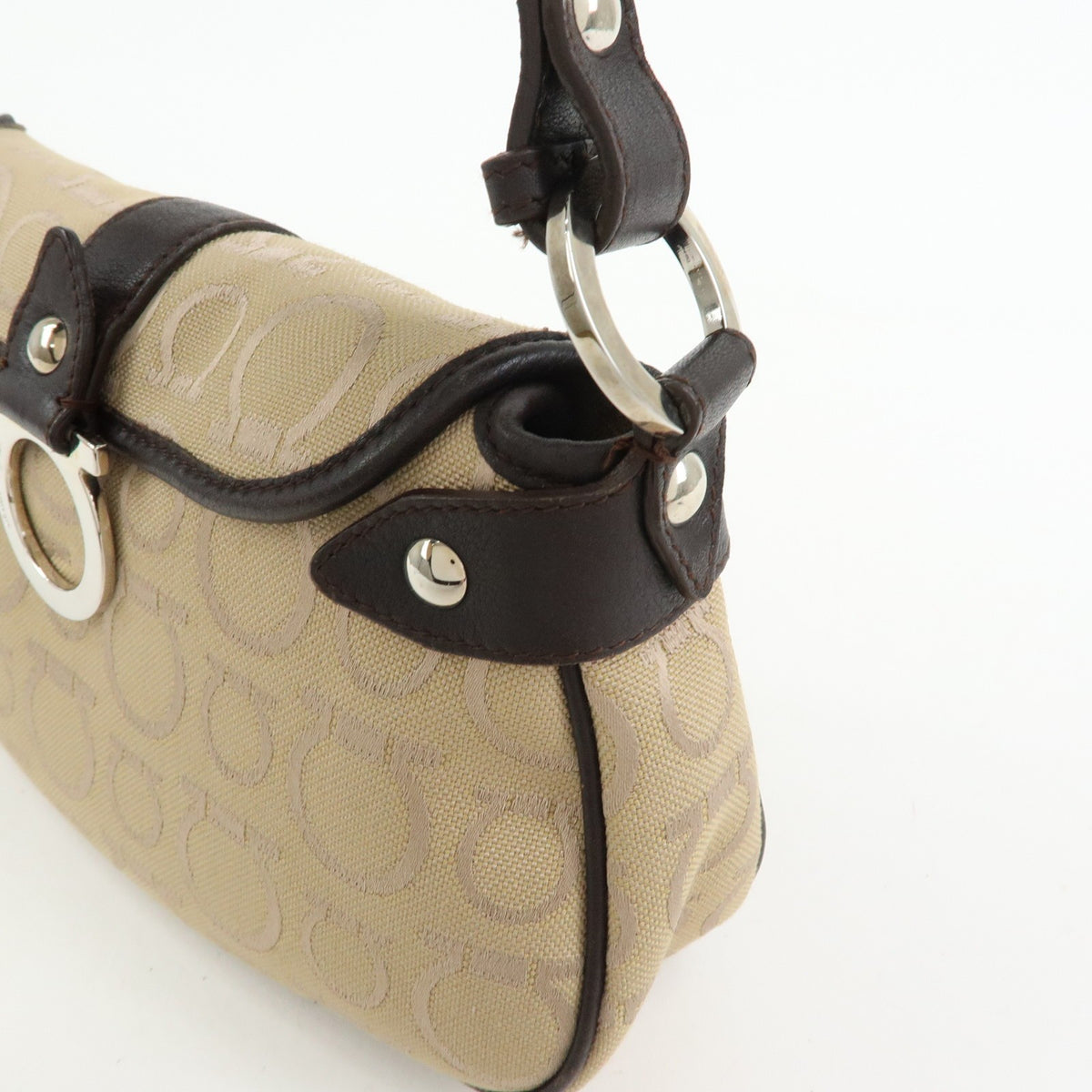 Salvatore Ferragamo Gancini Handle Leather, Beige, Canvas, Tote Bag
