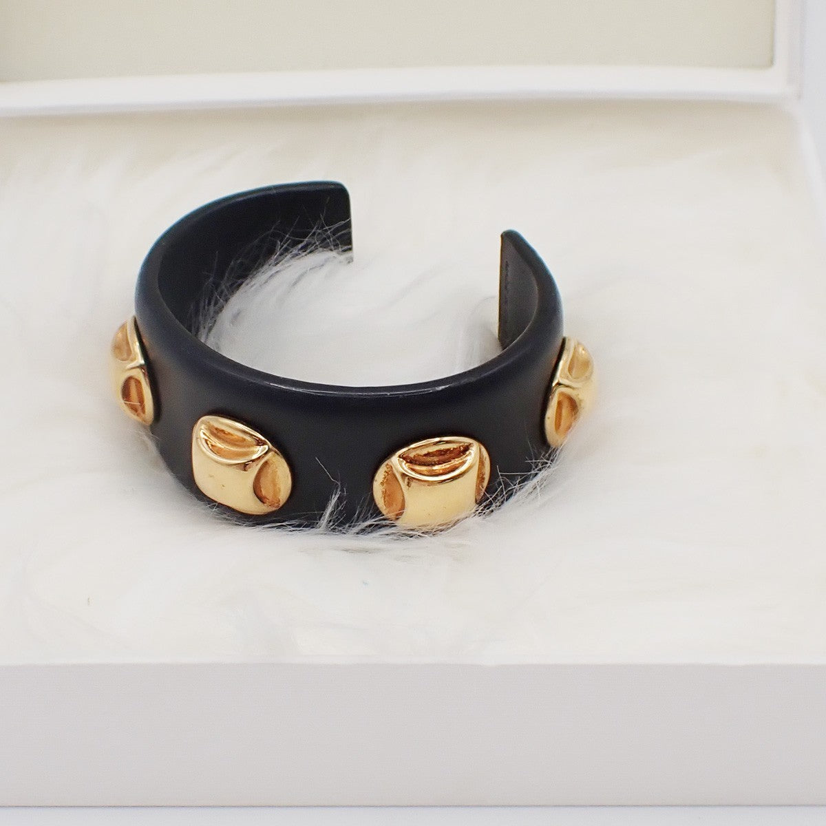 Celine Stud Cuff Leather and Plated Metal, Black, Leather, Bracelet
