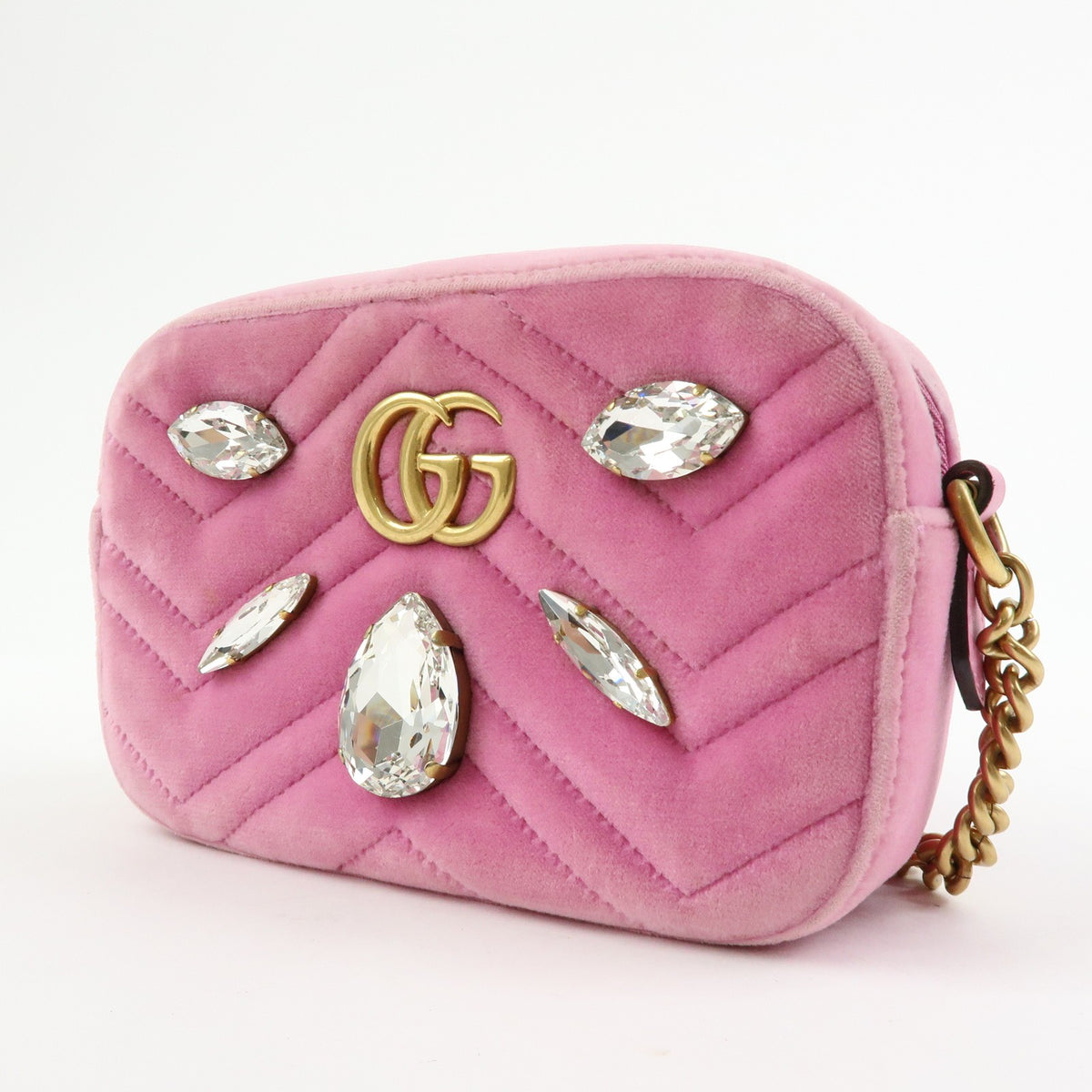 Gucci GG Marmont Crystal Embellished Matelasse Velvet, Pink, Velvet, Shoulder Bag