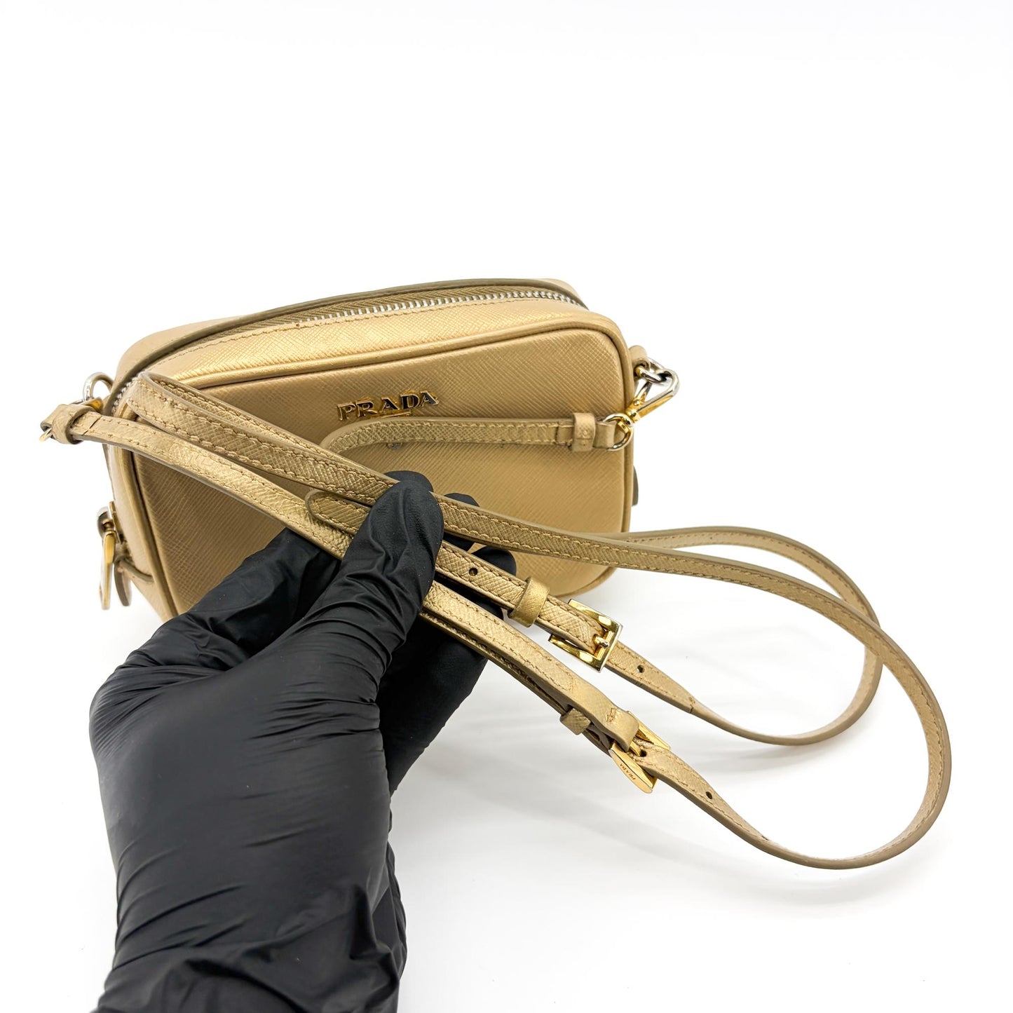 Prada Camera Saffiano Leather, Gold, Leather, Shoulder Bag
