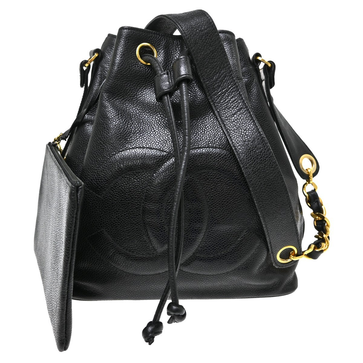 Chanel Vintage CC Drawstring Chain Leather, Black, Leather, Shoulder Bag