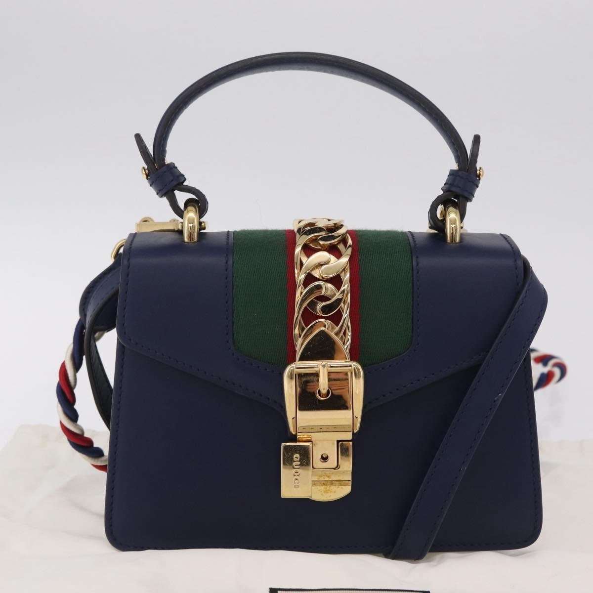 Gucci Sylvie Top Handle Leather, Navy, Leather, Handbag
