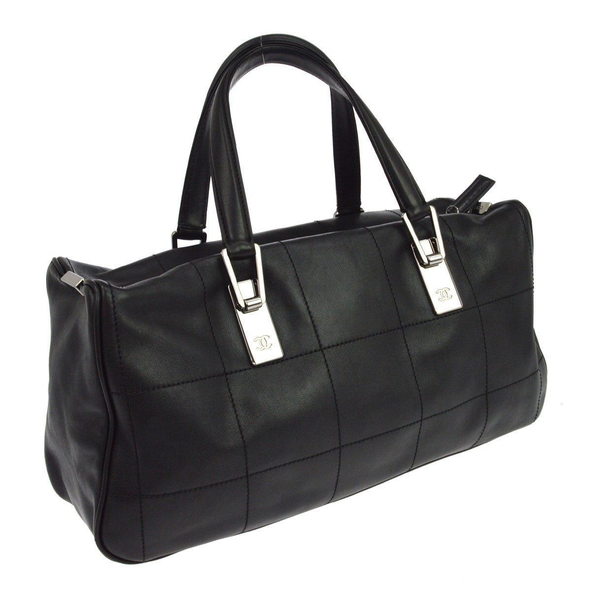 Chanel Square Stitch Boston Quilted Leather, Black, Leather, Travel Bag