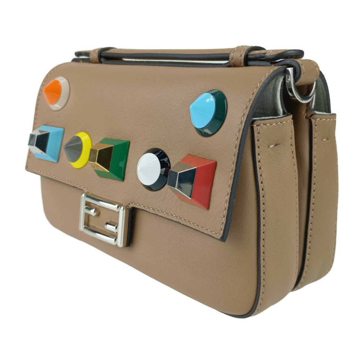 Fendi Chain Baguette Charm Leather, Beige, Leather, Handbag