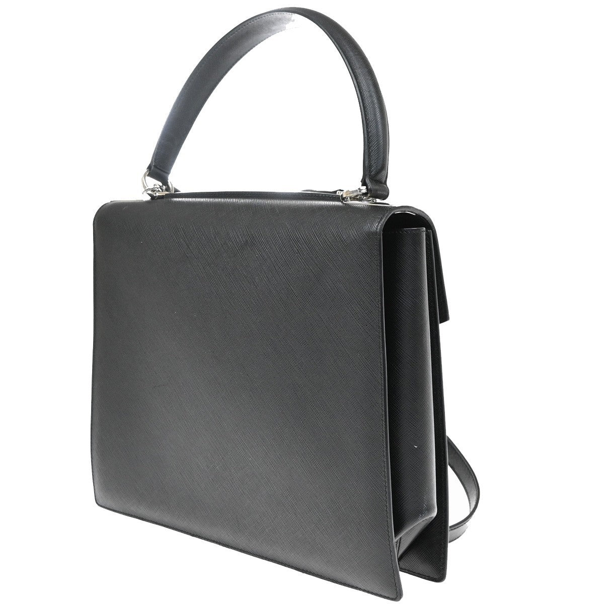 Salvatore Ferragamo Double Gancini Top Handle Saffiano Leather, Black, Leather, Handbag