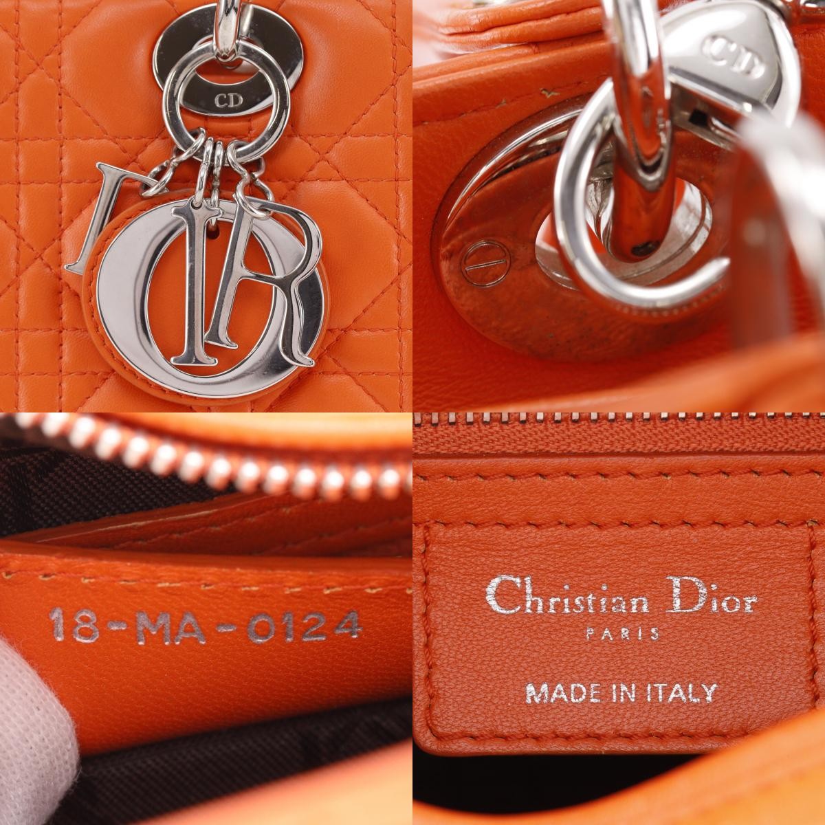 Christian Dior Lady Dior Cannage, Orange, Leather, Handbag