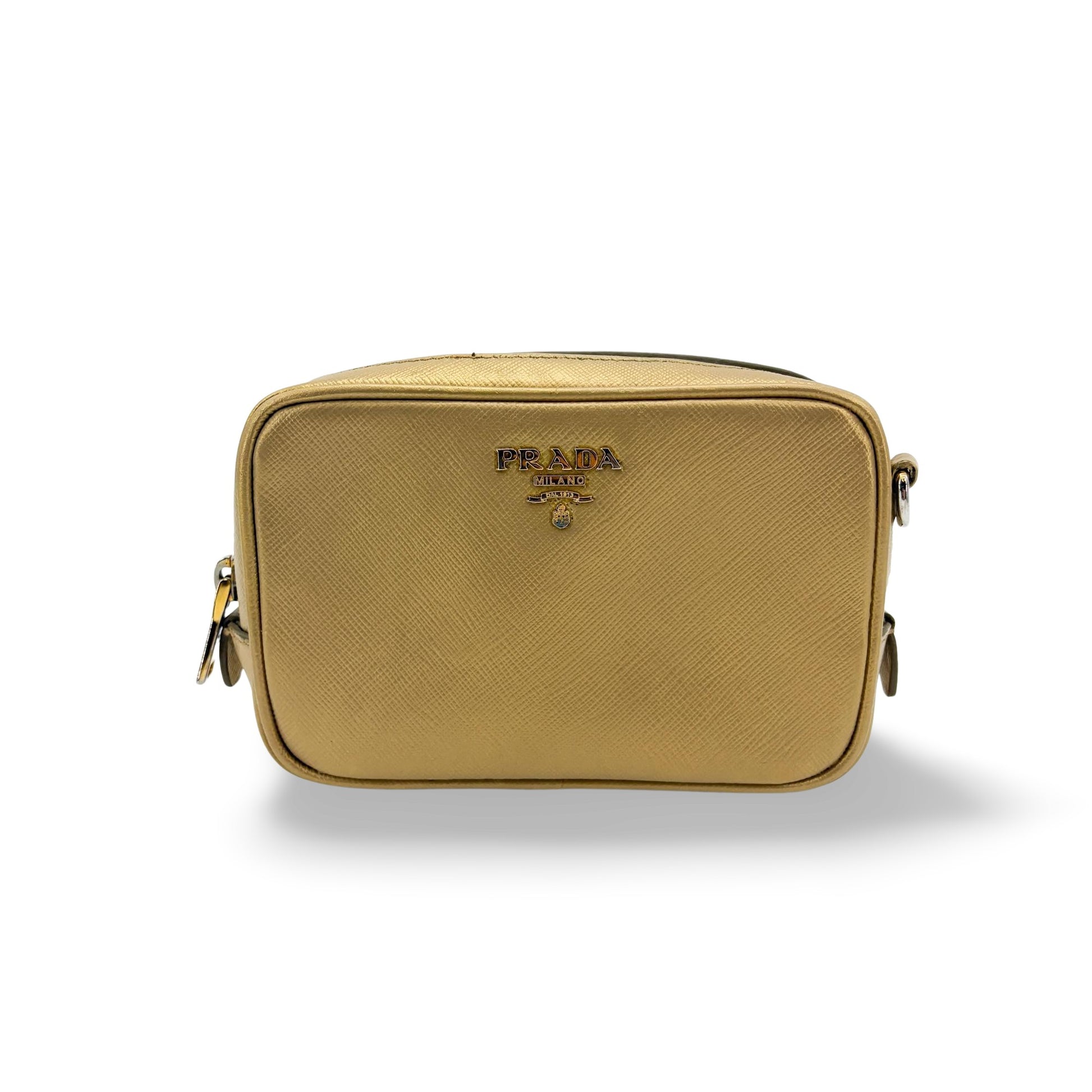 Prada Camera Saffiano Leather, Gold, Leather, Shoulder Bag