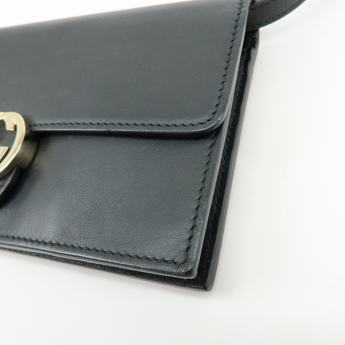 Gucci Interlocking Wallet on Chain Leather, Black, Leather, Crossbody Bag