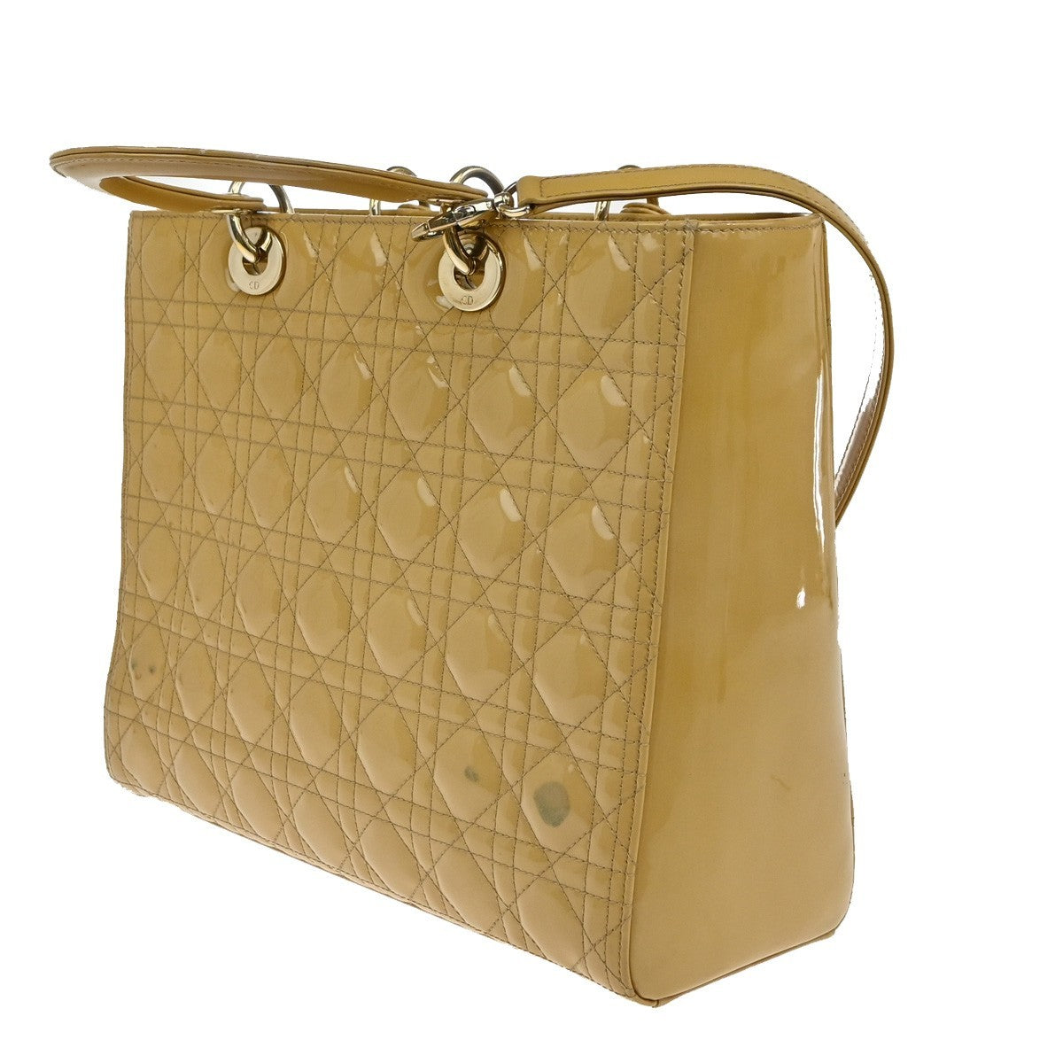 Christian Dior Lady Dior Cannage Quilt Patent, Yellow, Patent Leather, Handbag