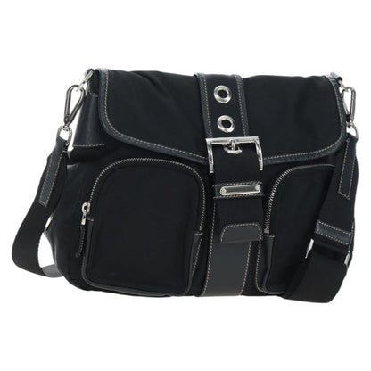 Prada Double Pocket Buckle Flap Tessuto and Leather, Black, Nylon, Handbag