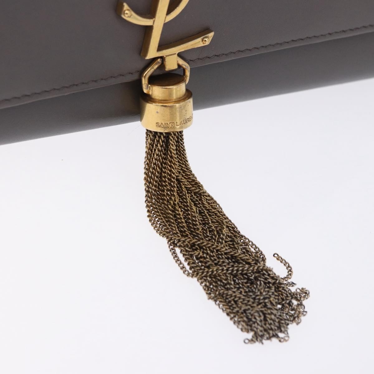 Saint Laurent Classic Monogram Tassel Leather, Gray, Leather, Shoulder Bag