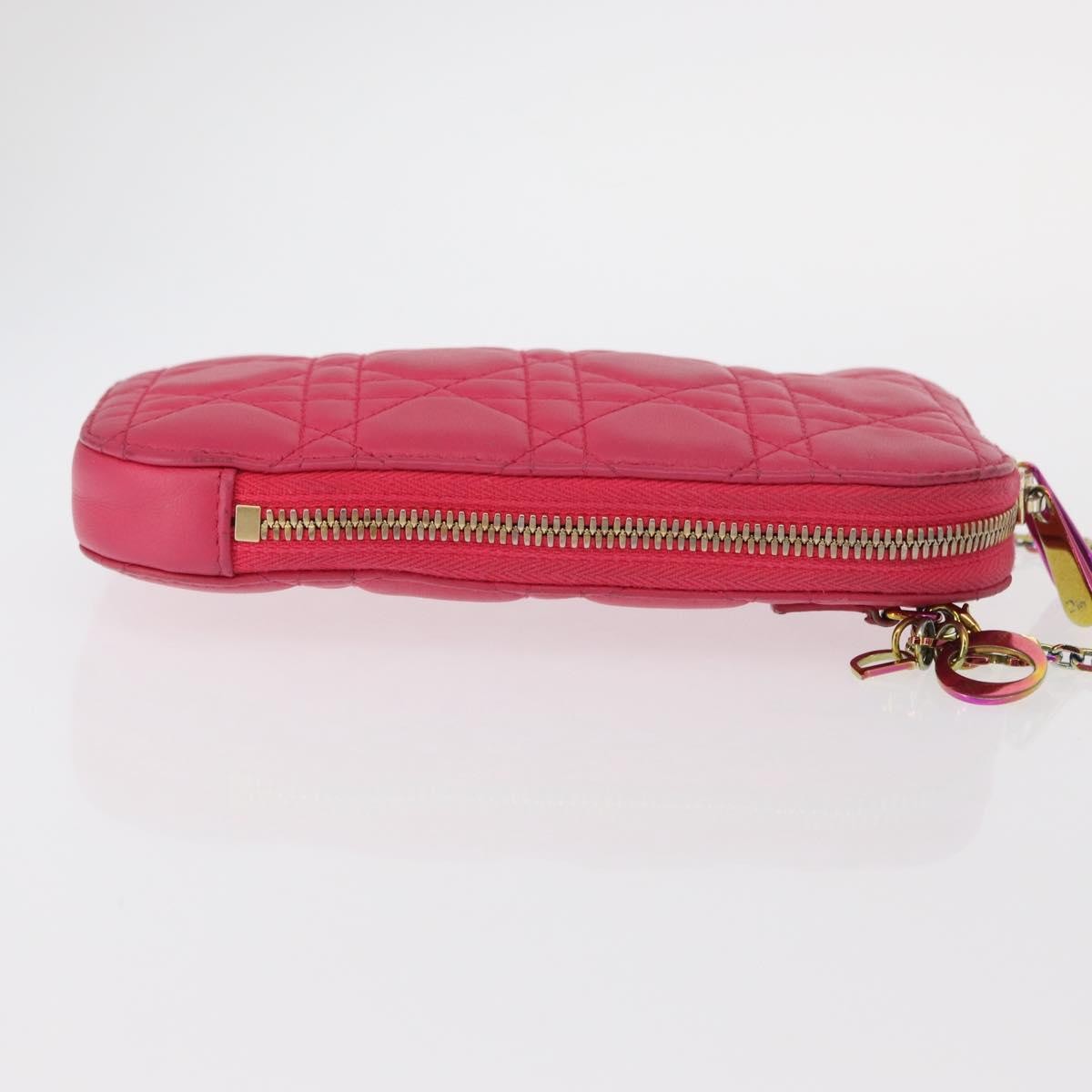 Christian Dior Lady Dior Phone Holder on Chain Cannage Quilt Lambskin, Pink, Leather, Clutch