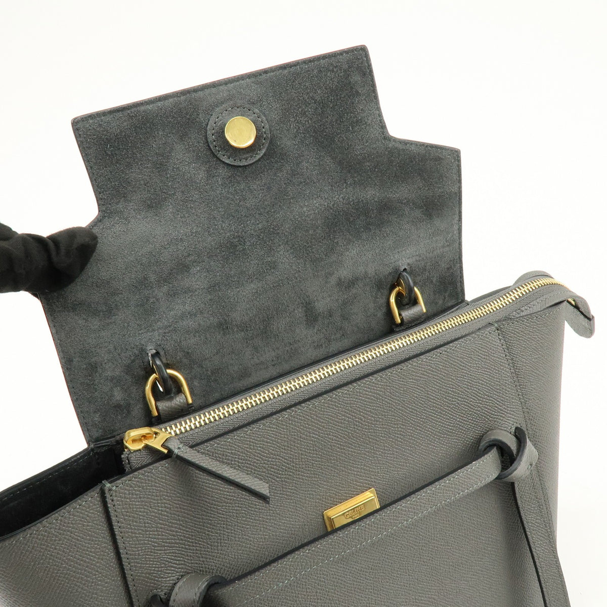 Celine Belt Textured Leather, Gray, Leather, Handbag