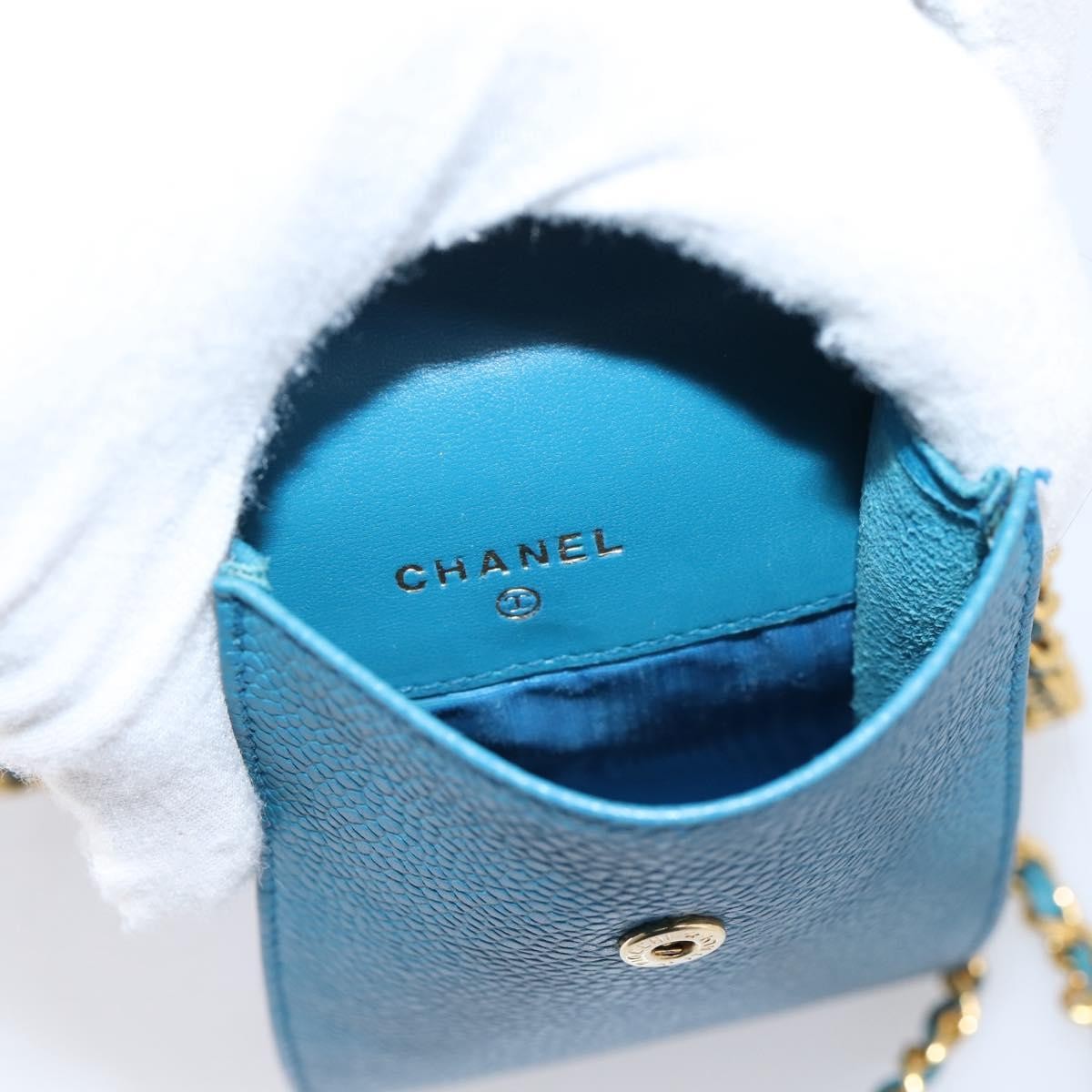 Chanel Vintage CC Phone Holder Caviar, Blue, Leather, Clutch
