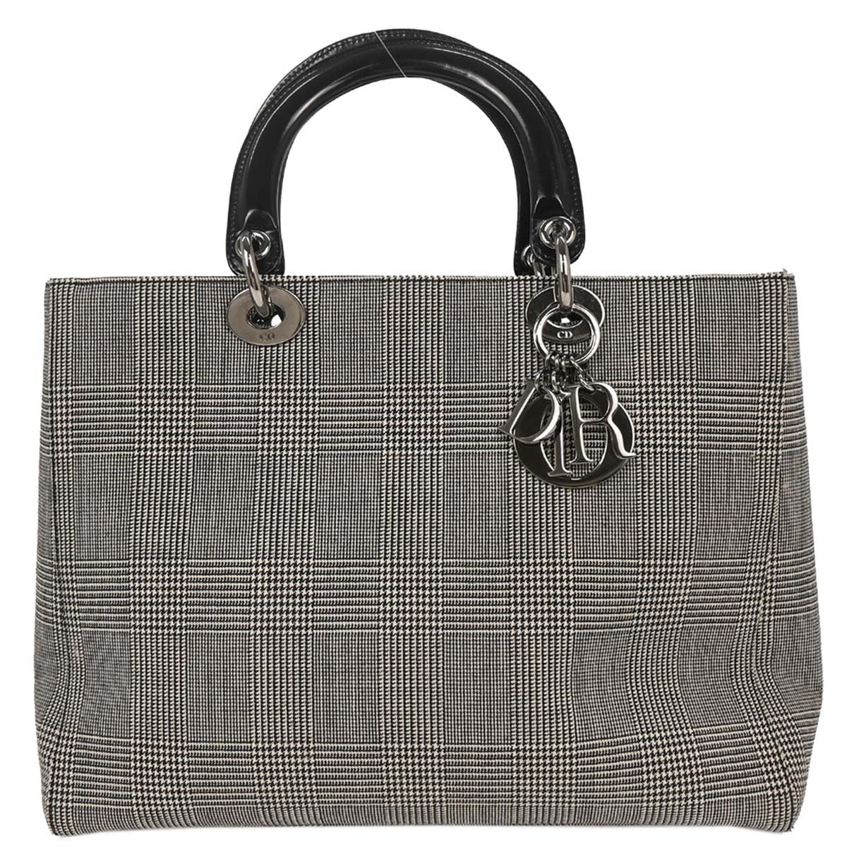 Christian Dior Vintage Lady Dior Houndstooth Canvas, Black, Canvas, Handbag