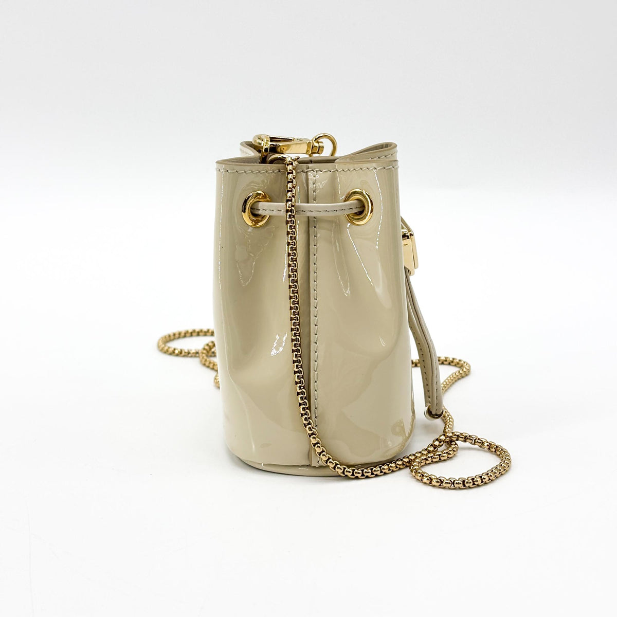 Prada Triangle Logo Drawstring Pouch Bucket Patent, Beige, Patent Leather, Clutch