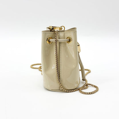 Prada Triangle Logo Drawstring Pouch Bucket Patent, Beige, Patent Leather, Clutch