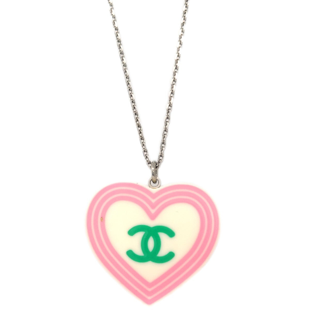 Chanel CC Heart Pendant Metal and Enamel, Silver, Silver Plated, Necklace