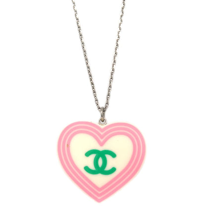 Chanel CC Heart Pendant Metal and Enamel, Silver, Silver Plated, Necklace