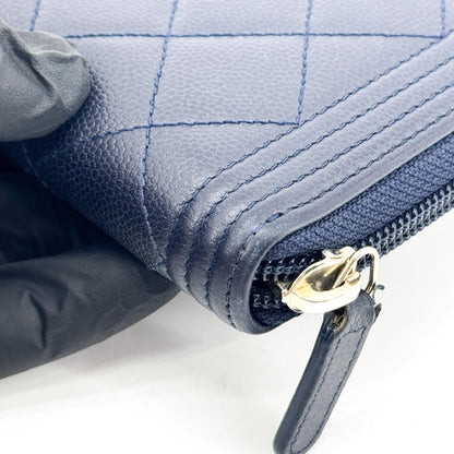 Chanel Boy Zip Around Quilted Caviar, Black, Leather, Wallet