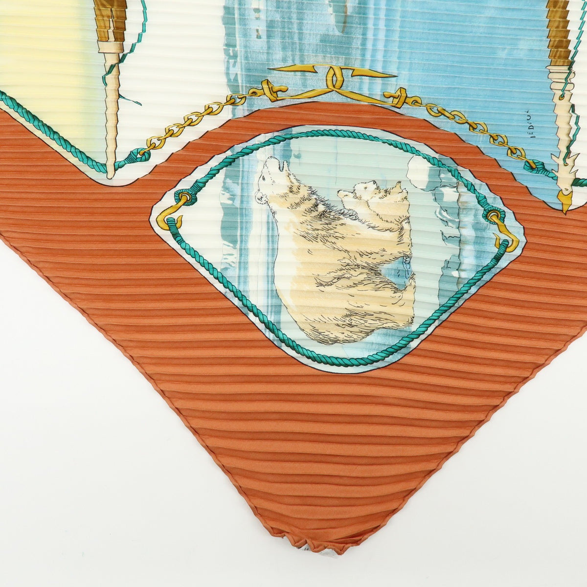 Hermes Gronland Pleated Silk, Brown, Silk, Scarf
