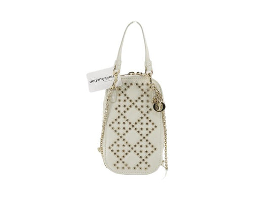 Christian Dior Lady Dior Phone Holder on Chain Studded Leather, ECRU, LEATHER, Clutche & pouche