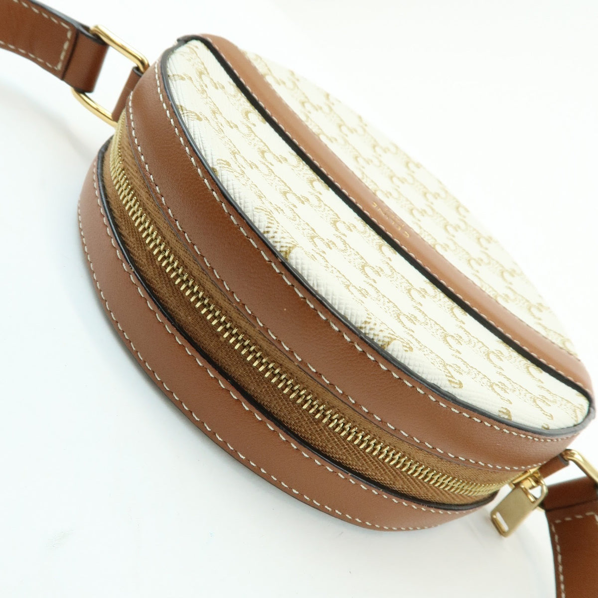 Celine Round Purse on Strap Triomphe Coated Canvas, Beige, Canvas, Crossbody Bag