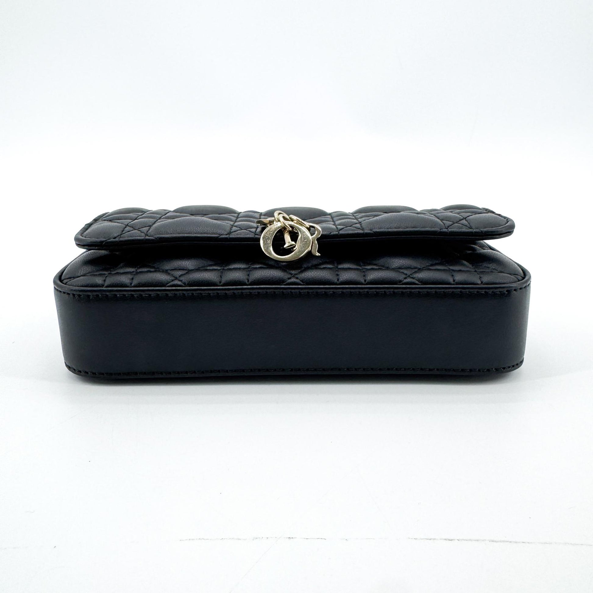 Christian Dior Lady Dior Chain Phone Cannage Quilt Lambskin, Black, Leather, Clutch