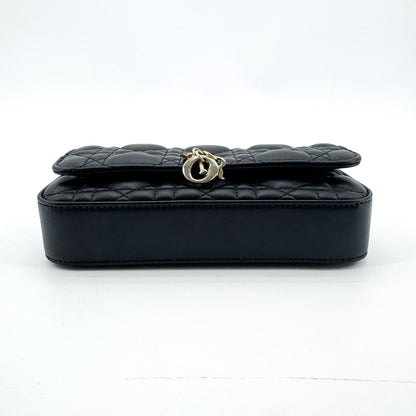 Christian Dior Lady Dior Chain Phone Cannage Quilt Lambskin, Black, Leather, Clutch
