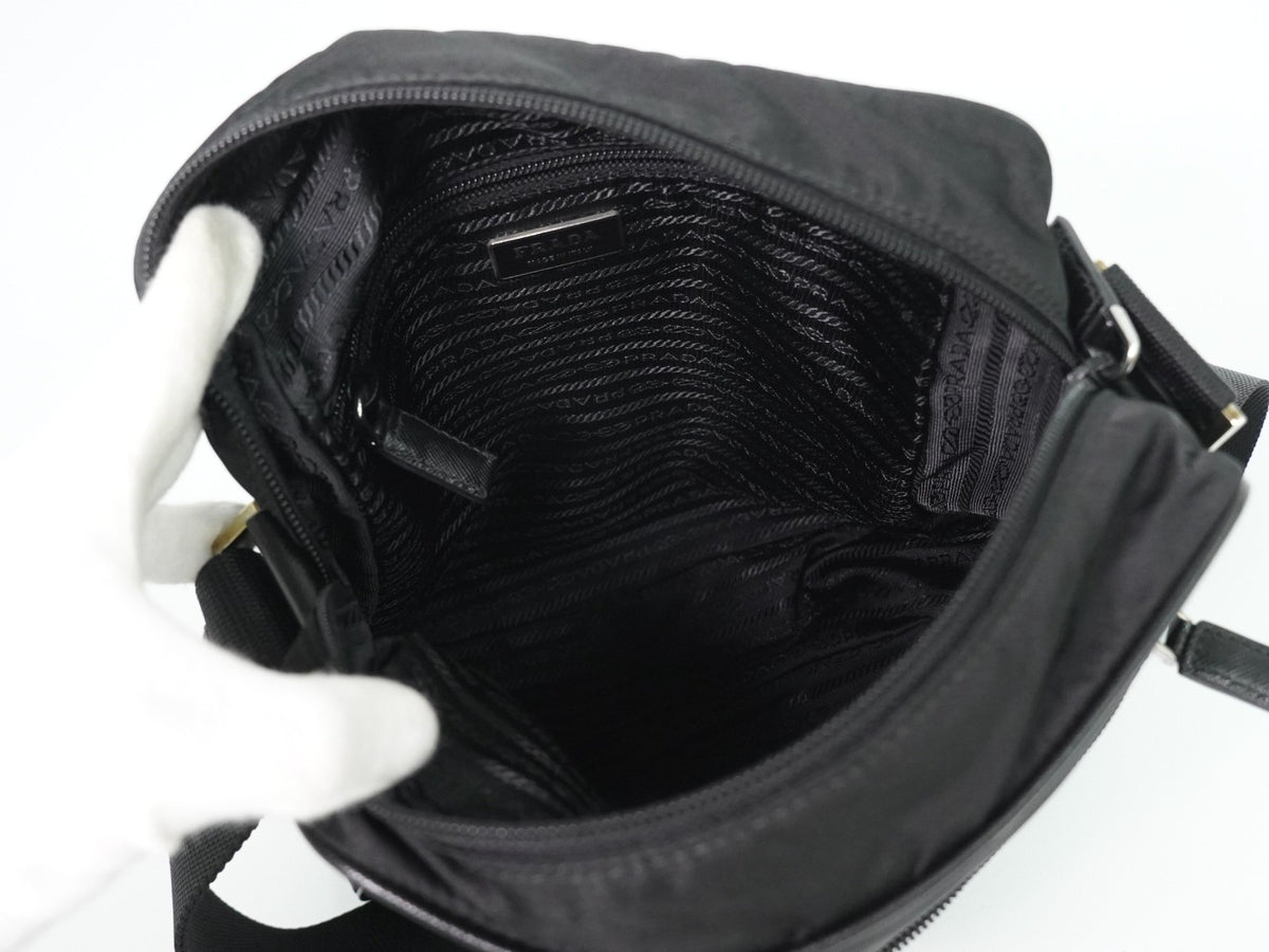 Prada Front Zip Messenger Quilted Tessuto, Black, Nylon, Shoulder Bag