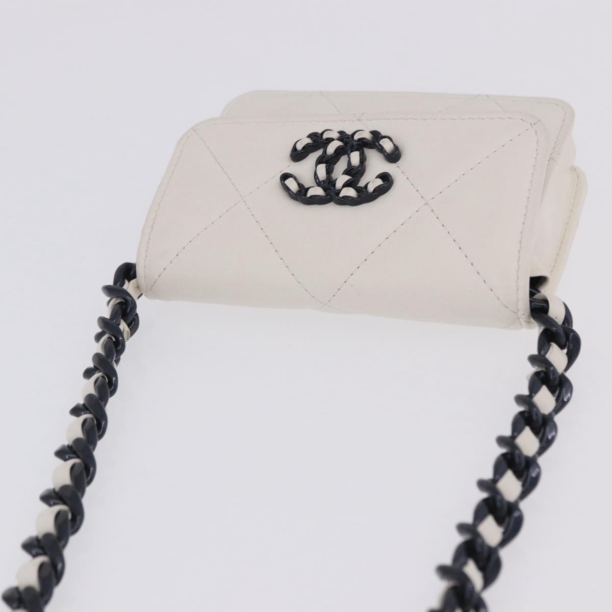 Chanel 19 Flap Coin Purse Belt Quilted Lambskin, White, Leather, Clutch