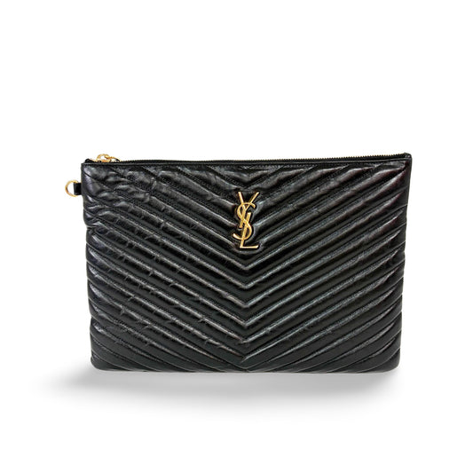 Saint Laurent Zip Pouch Leather, Black, Leather, Clutch