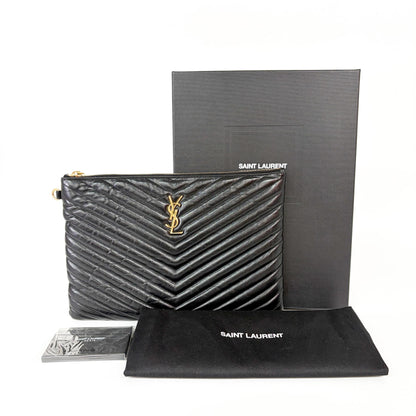 Saint Laurent Zip Pouch Leather, Black, Leather, Clutch