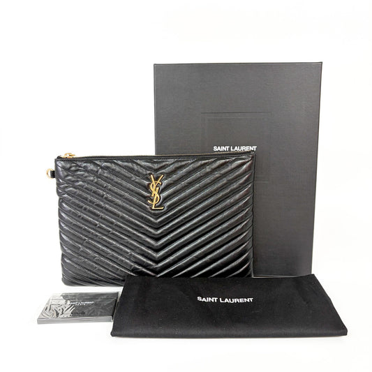 Saint Laurent Zip Pouch Leather, Black, Leather, Clutch