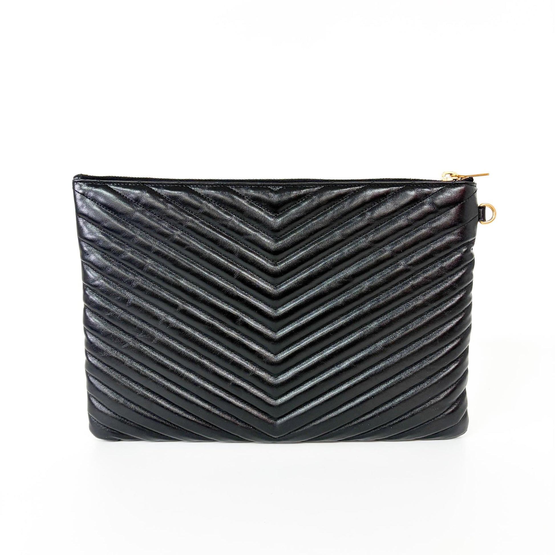 Saint Laurent Zip Pouch Leather, Black, Leather, Clutch