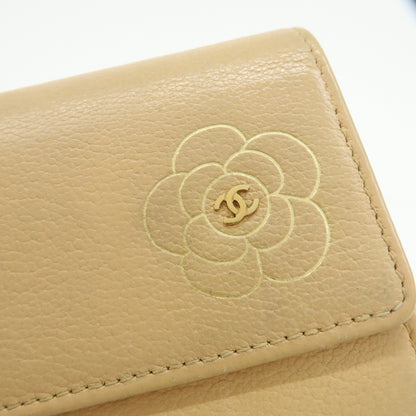 Chanel Camellia Flap Leather, Beige, Calfskin, Wallet