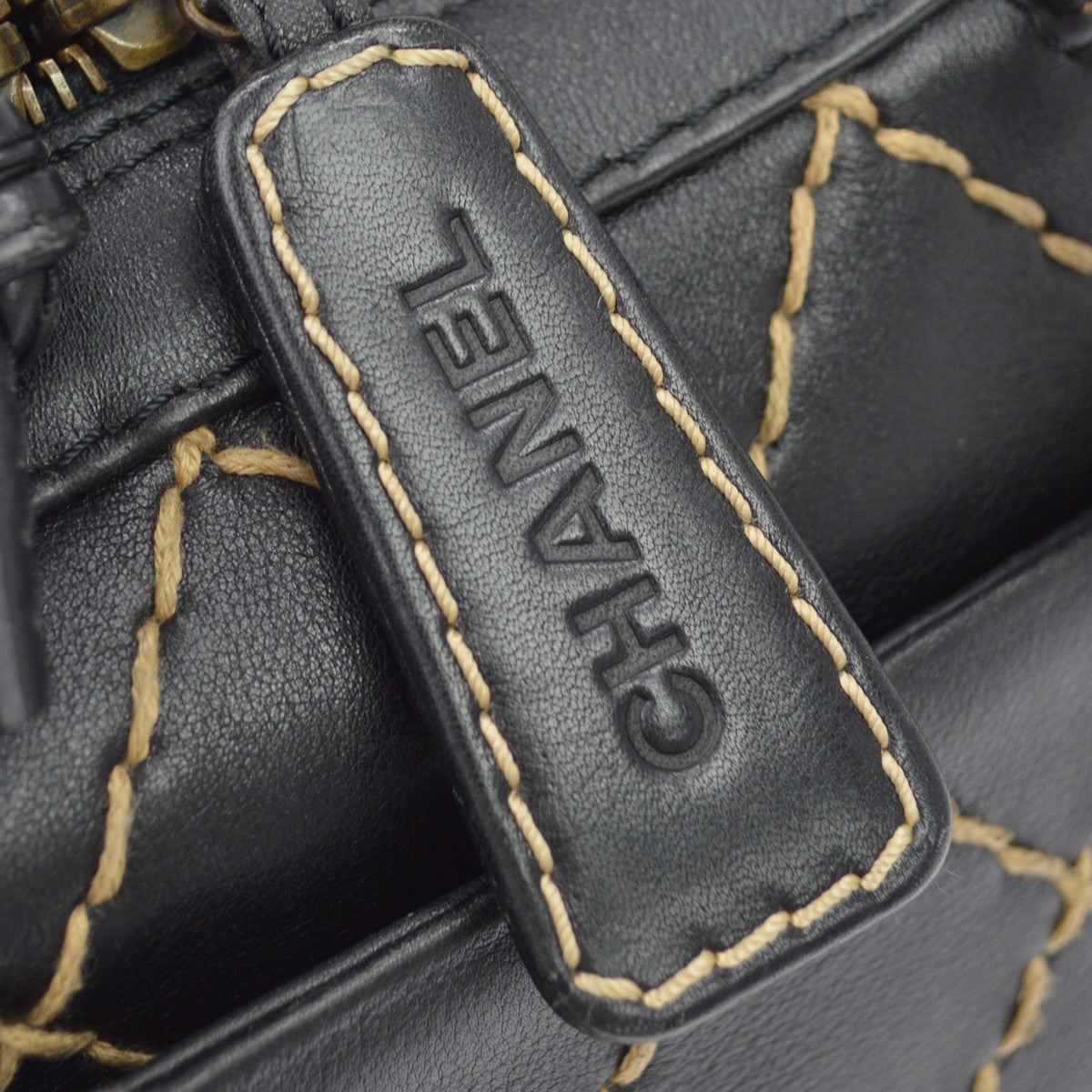 Chanel Surpique Zip Around Satchel Quilted Leather, Black, Leather, Handbag
