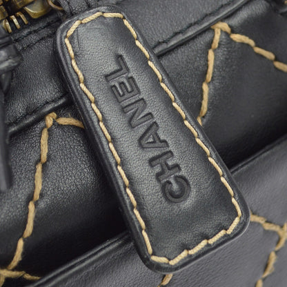 Chanel Surpique Zip Around Satchel Quilted Leather, Black, Leather, Handbag