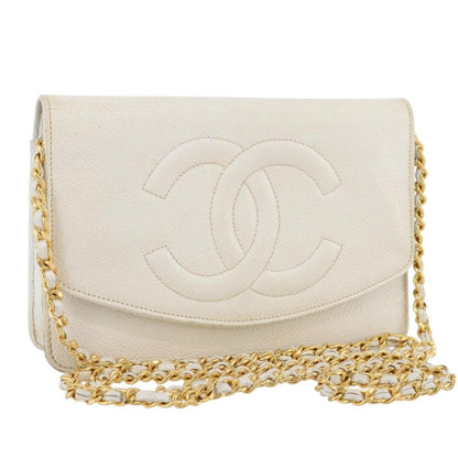 Chanel Vintage Timeless Wallet on Chain Caviar, White, Leather, Crossbody Bag