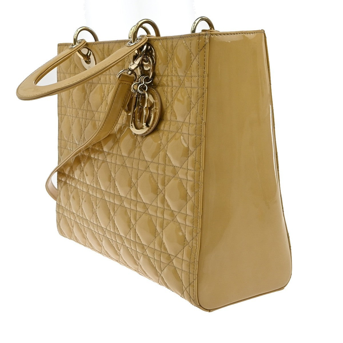 Christian Dior Lady Dior Cannage Quilt Patent, Yellow, Patent Leather, Handbag