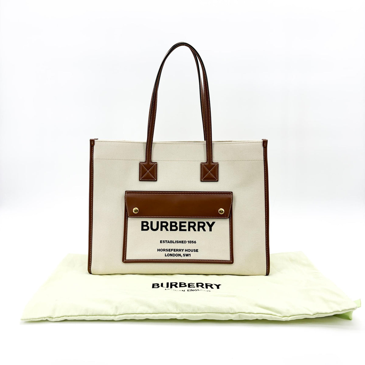 Burberry Freya Shopping Canvas with Leather, Beige, Canvas, Tote Bag