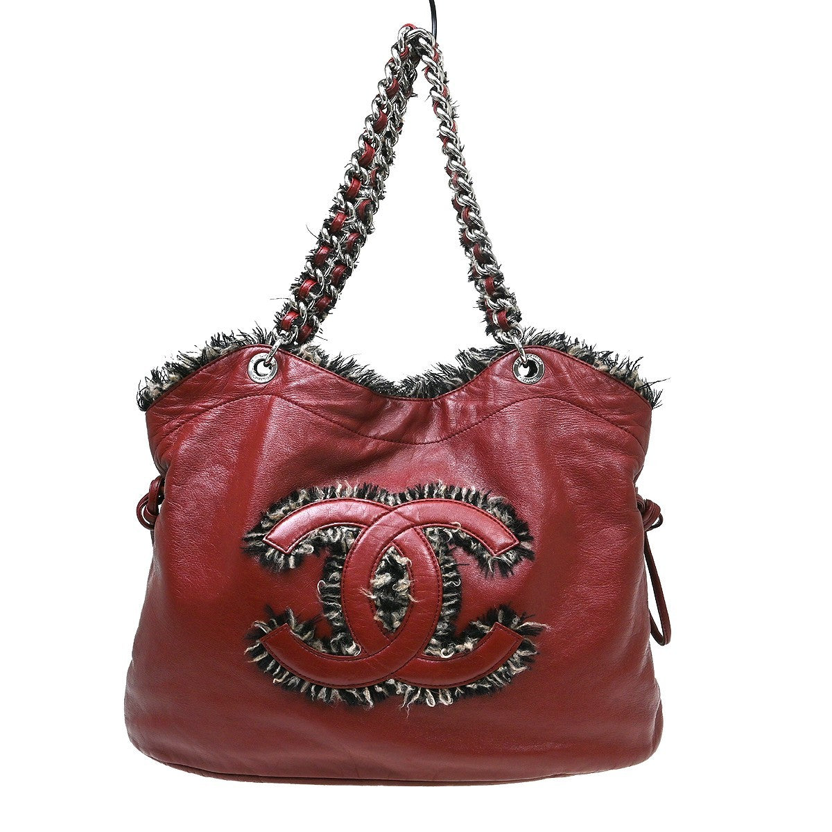 Chanel Funny Tweed Bon Bon Tote Lambskin, Burgundy, Leather, Tote Bag