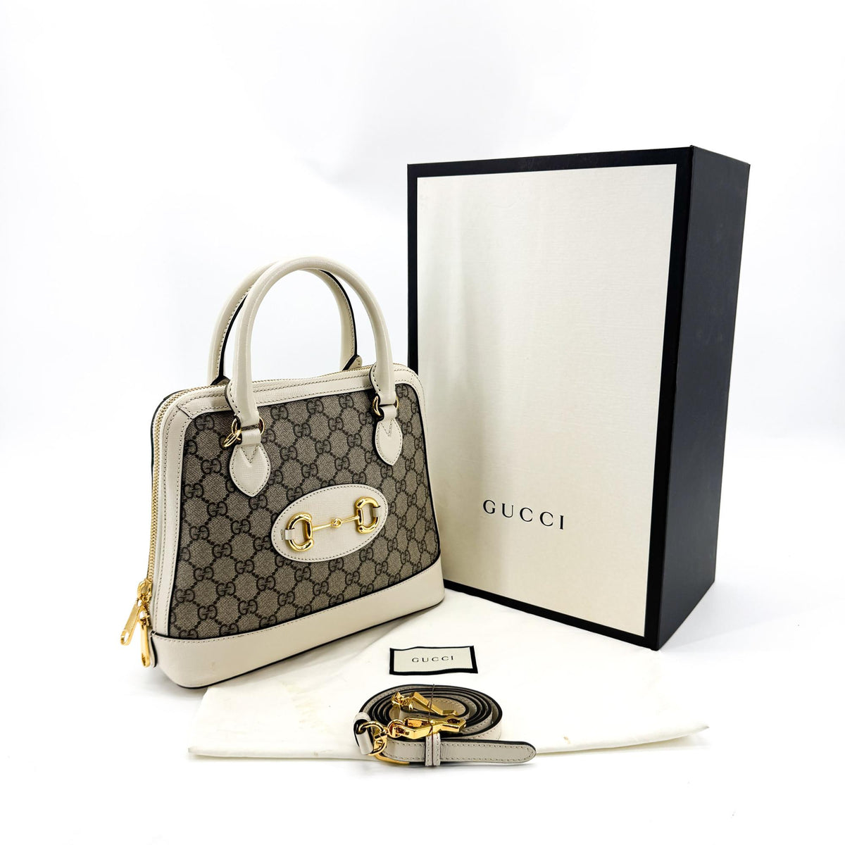 Gucci Horsebit 1955 Top Handle GG Coated Canvas with Leather, White, Canvas, Handbag
