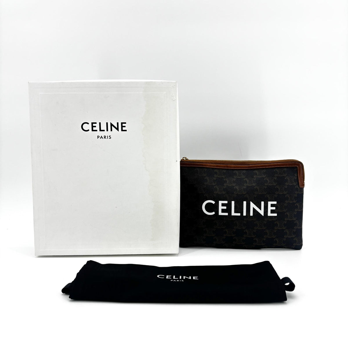 Celine Logo Zip Wristlet Triomphe Coated Canvas, Black, Canvas, Clutch