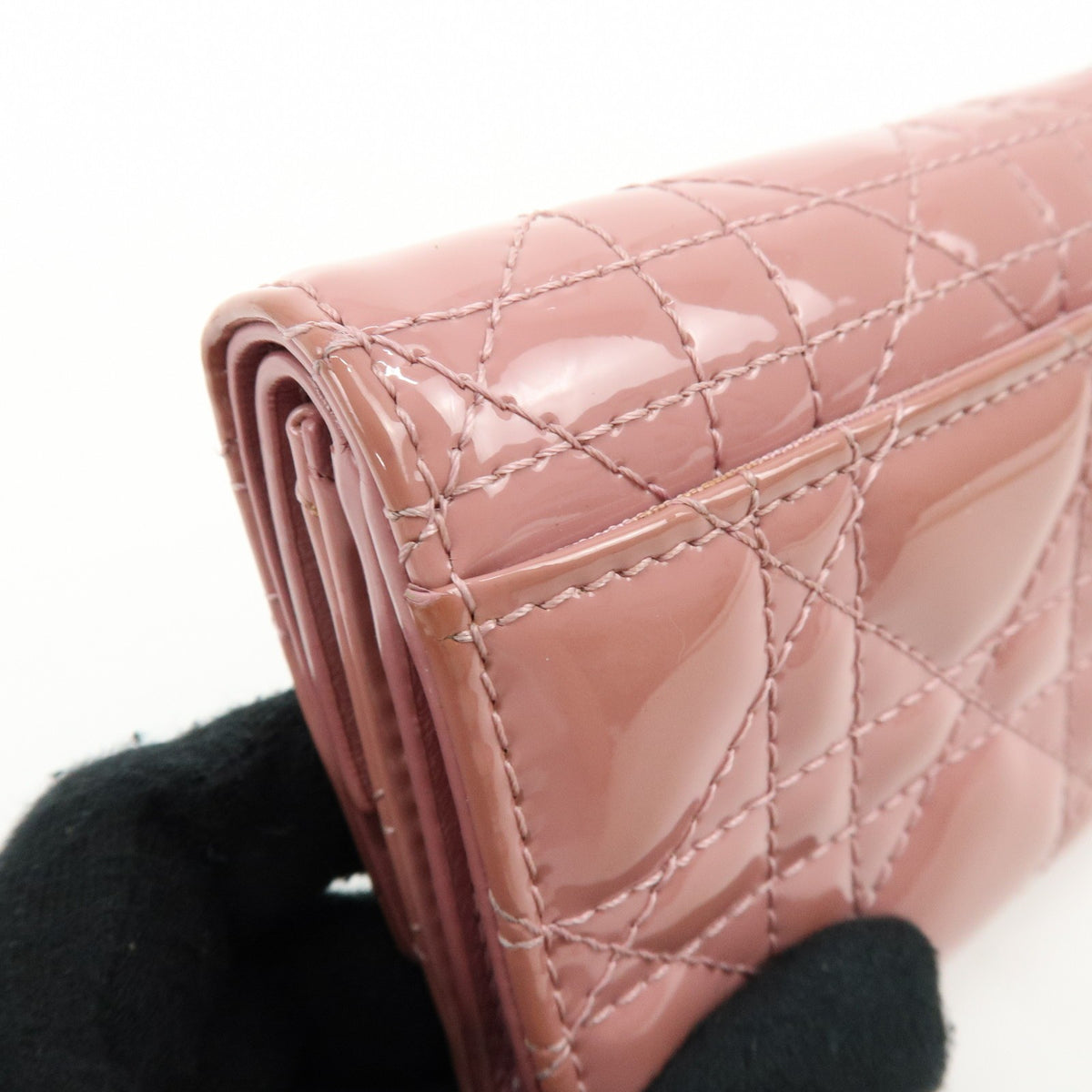 Christian Dior Lady Dior Cannage Quilt Leather, Pink, Patent Leather, Wallet