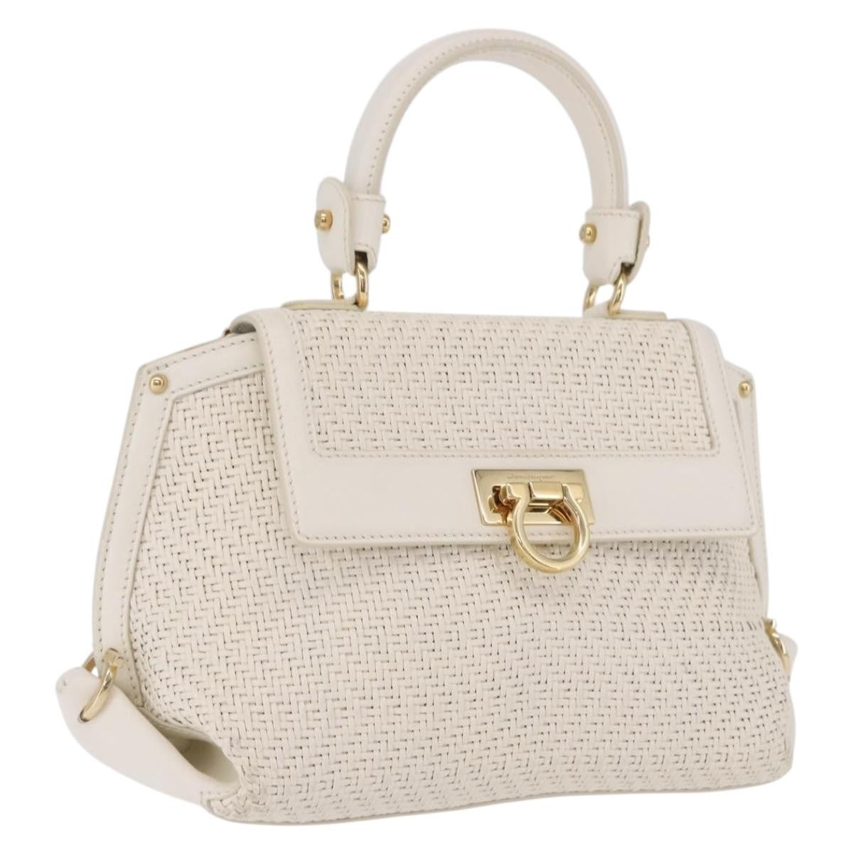 Salvatore Ferragamo Sofia Satchel Woven Leather, White, Leather, Handbag