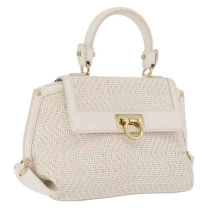 Salvatore Ferragamo Sofia Satchel Woven Leather, White, Leather, Handbag