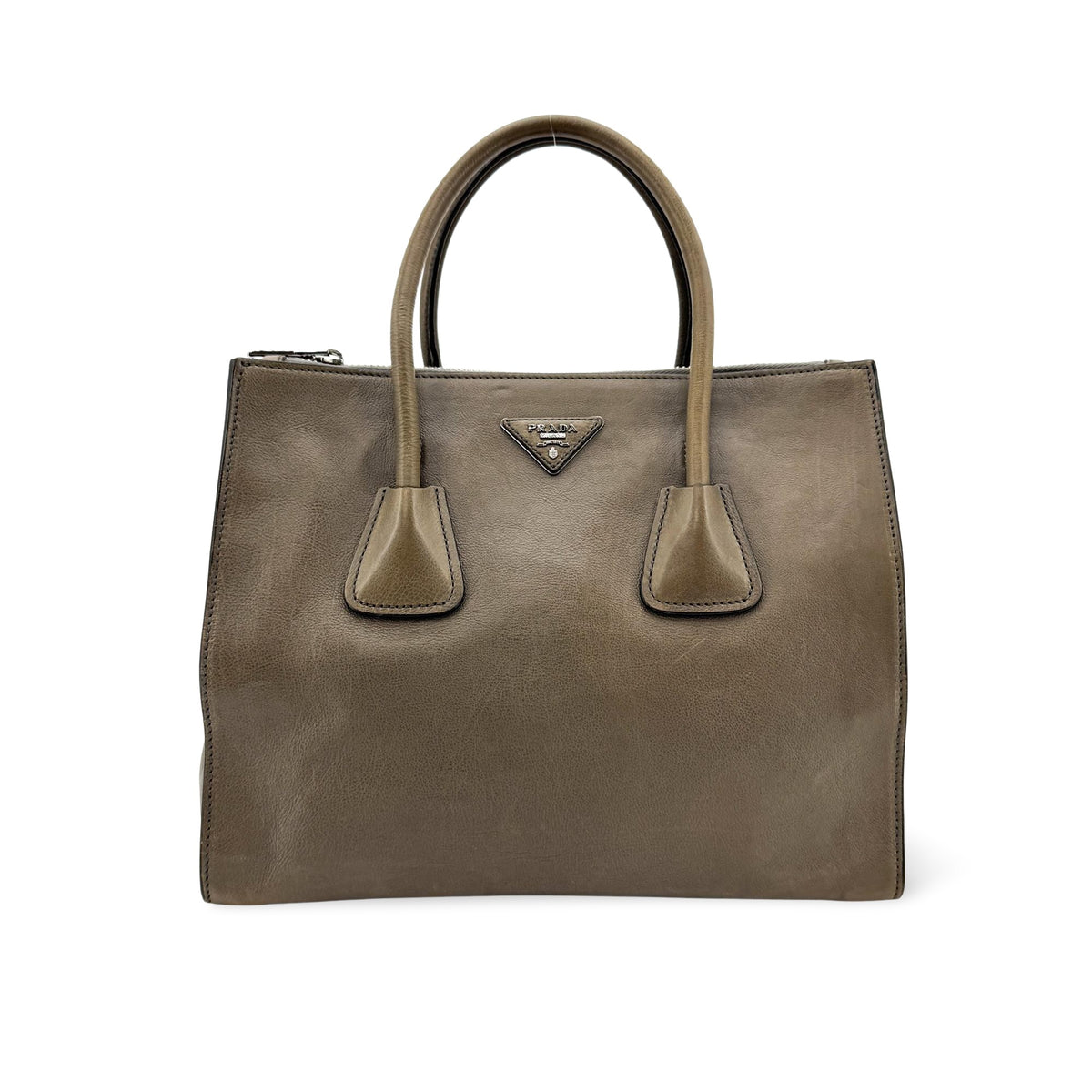 Prada Twin Shopping Vitello Daino, Brown, Leather, Tote Bag