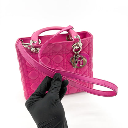 Christian Dior Lady Dior Cannage Quilt Lambskin, Pink, Leather, Handbag