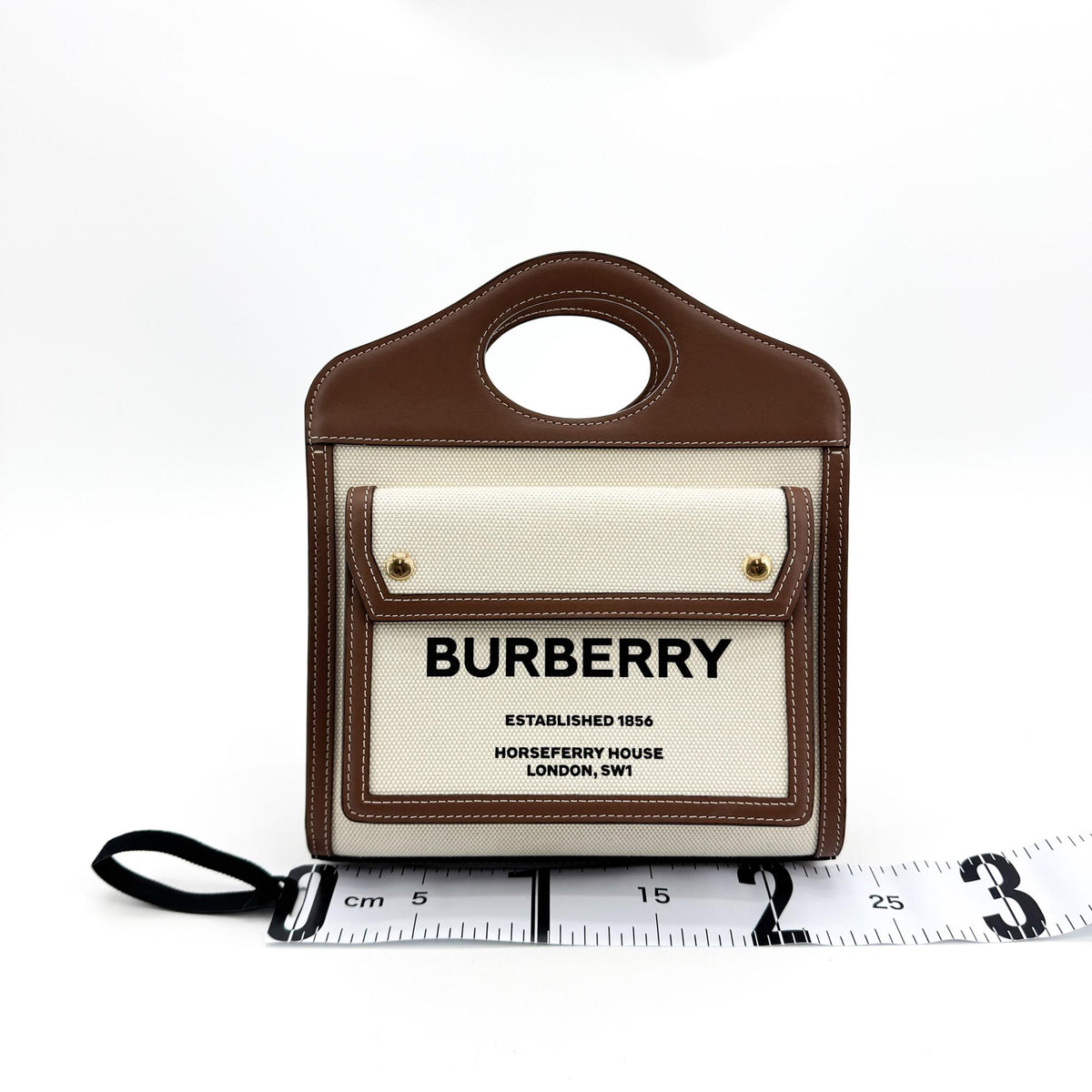Burberry Logo Pocket Leather with Check Canvas, Brown, Canvas, Tote Bag